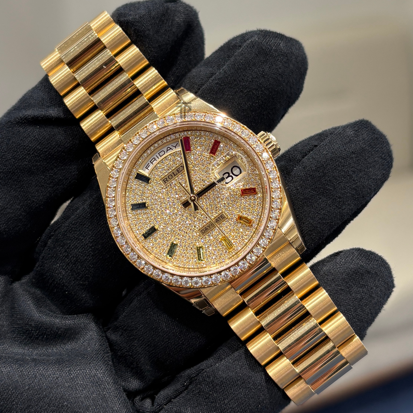 Rolex Day-Date Ref. 128348RBR 36mm Yellow Gold Pave Dial Rainbow Markers