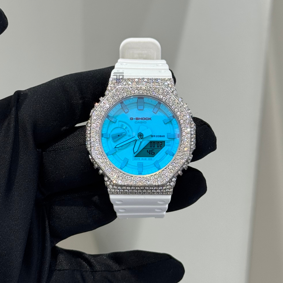 Casio Iced out G Shock Analog (White Gold with Tiffany Blue Dial and White Strap)