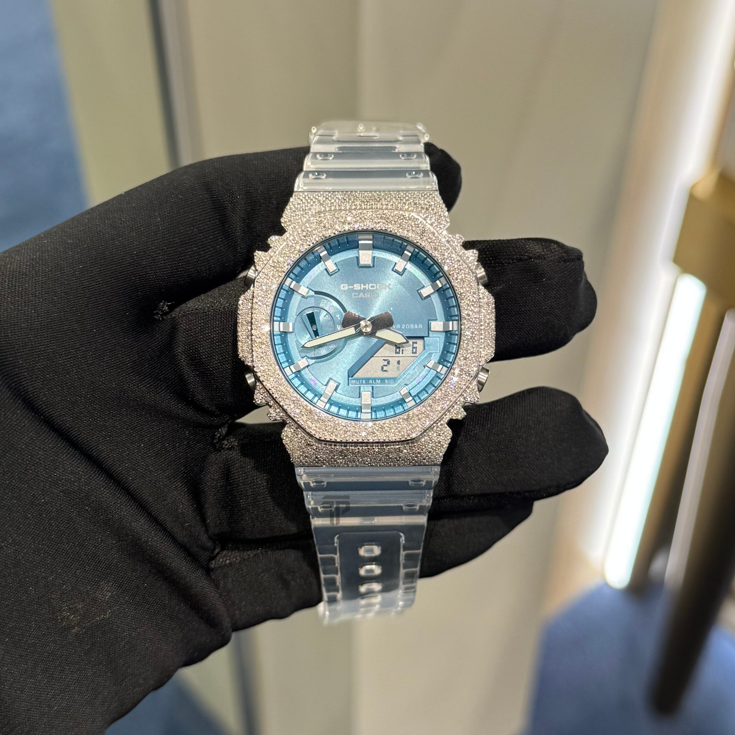 Iced out G Shock Analog White gold with Ice Blue Dial