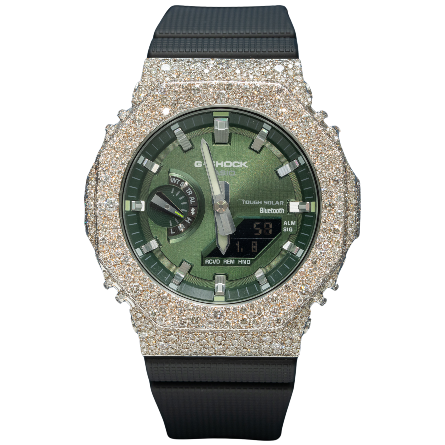 Casio Iced out G-SHOCK Mosaic Setting All White Bezel 8.20 CTW Diamonds Olive Green Dial