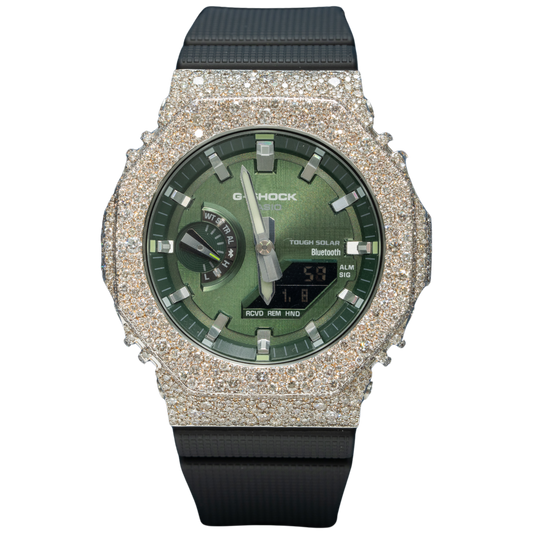 Casio Iced out G-SHOCK Mosaic Setting All White Bezel 8.20 CTW Diamonds Olive Green Dial