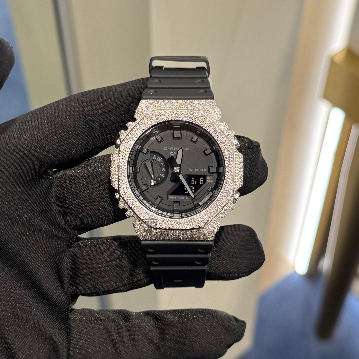 Casio Iced out G Shock Analog (White gold with Black Dial
