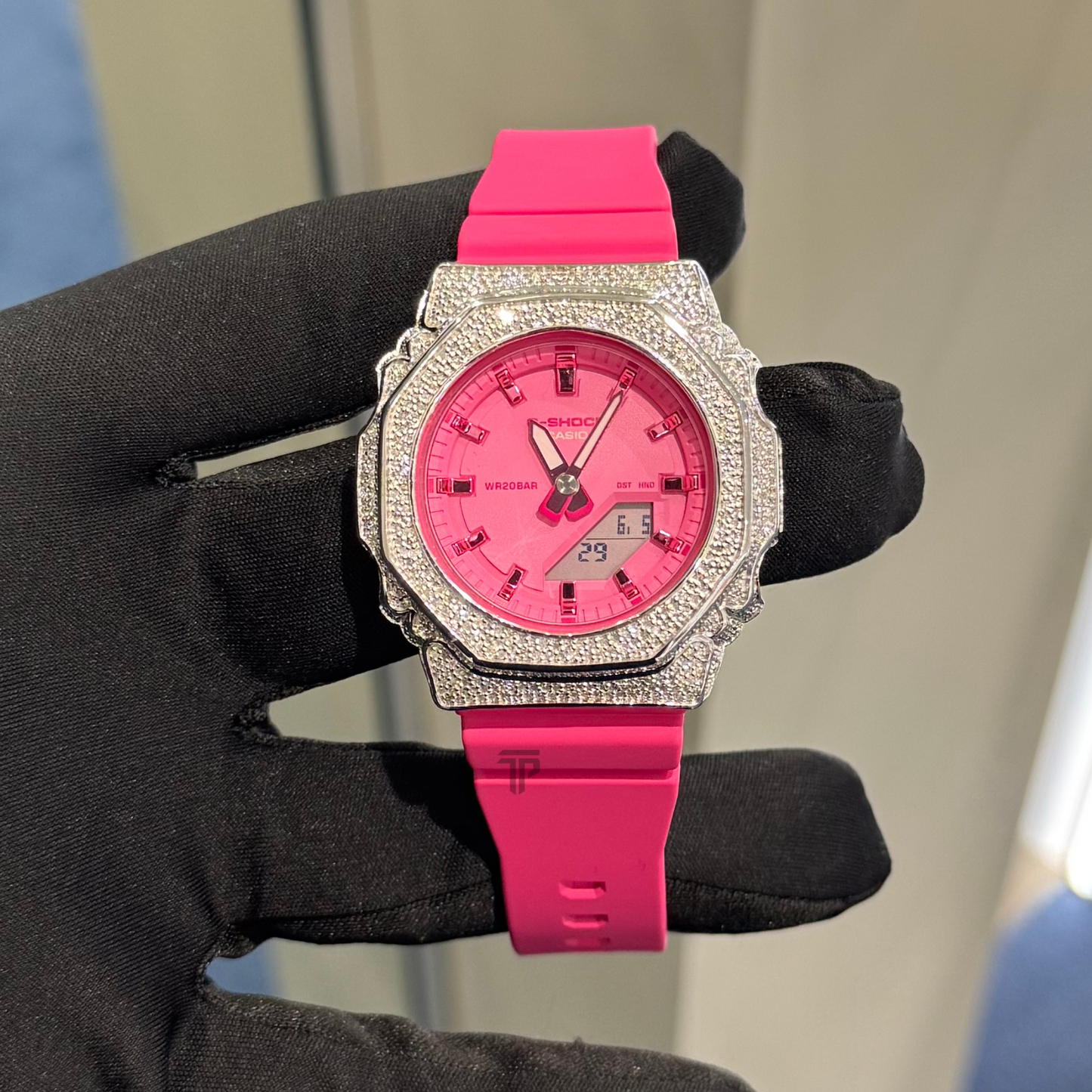 Casio Iced out G Shock Analog Lady Size Pink Band and Dial