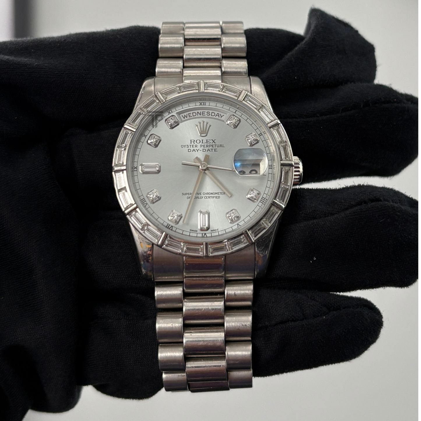 Rolex Day Date Ref. 118366 Platinum Silver Dial with Baguette Bezel/Markers