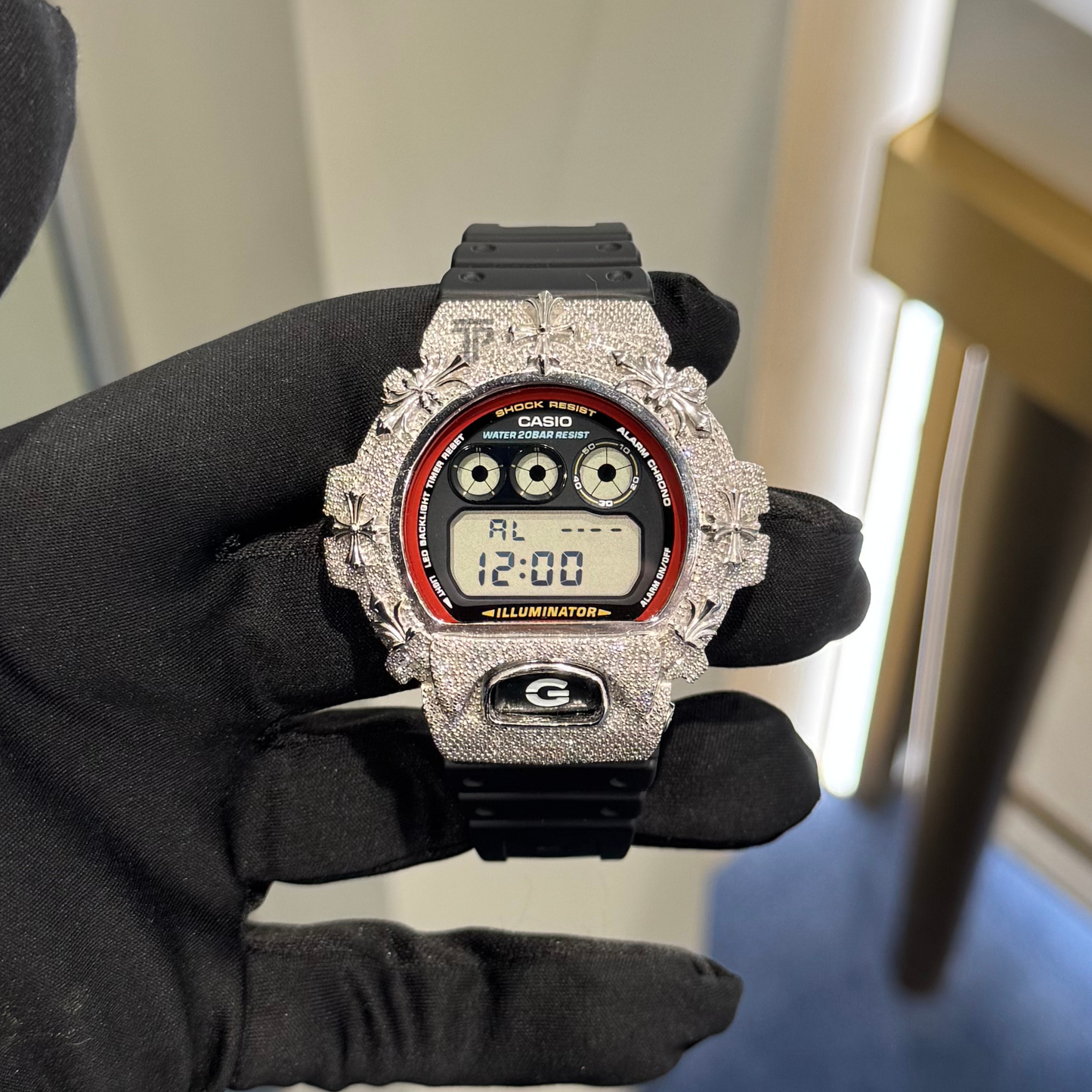 Casio Iced out G Shock Digital White gold with Black/Red dial (Crosses on Bezel CH Style)