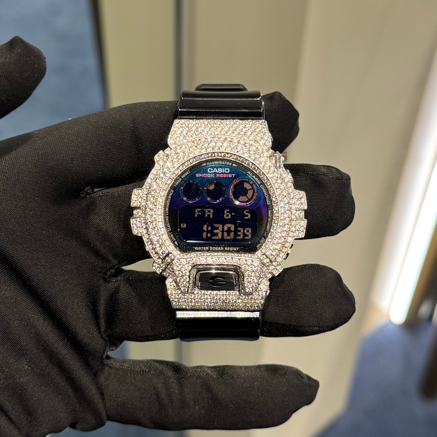 Casio Iced out G Shock Digital White Gold with TRI COLOR Blue/Purple/Green Dial