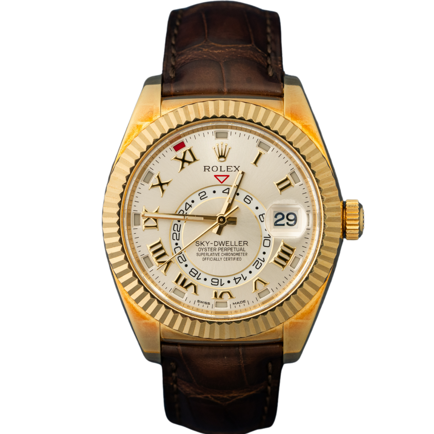 Rolex Skydweller Ref. 326138 42mm Yellow Gold Silver Roman Dial on Leather