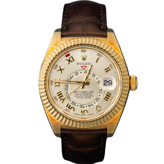 Rolex Skydweller Ref. 326138 42mm Yellow Gold Silver Roman Dial on Leather