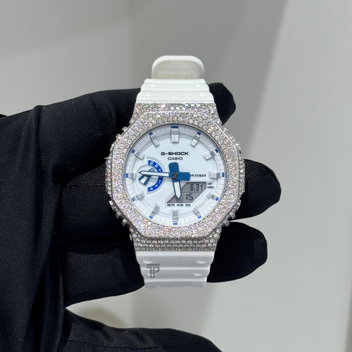 Casio Iced out G Shock Analog (White Gold with White Dial and Strap)