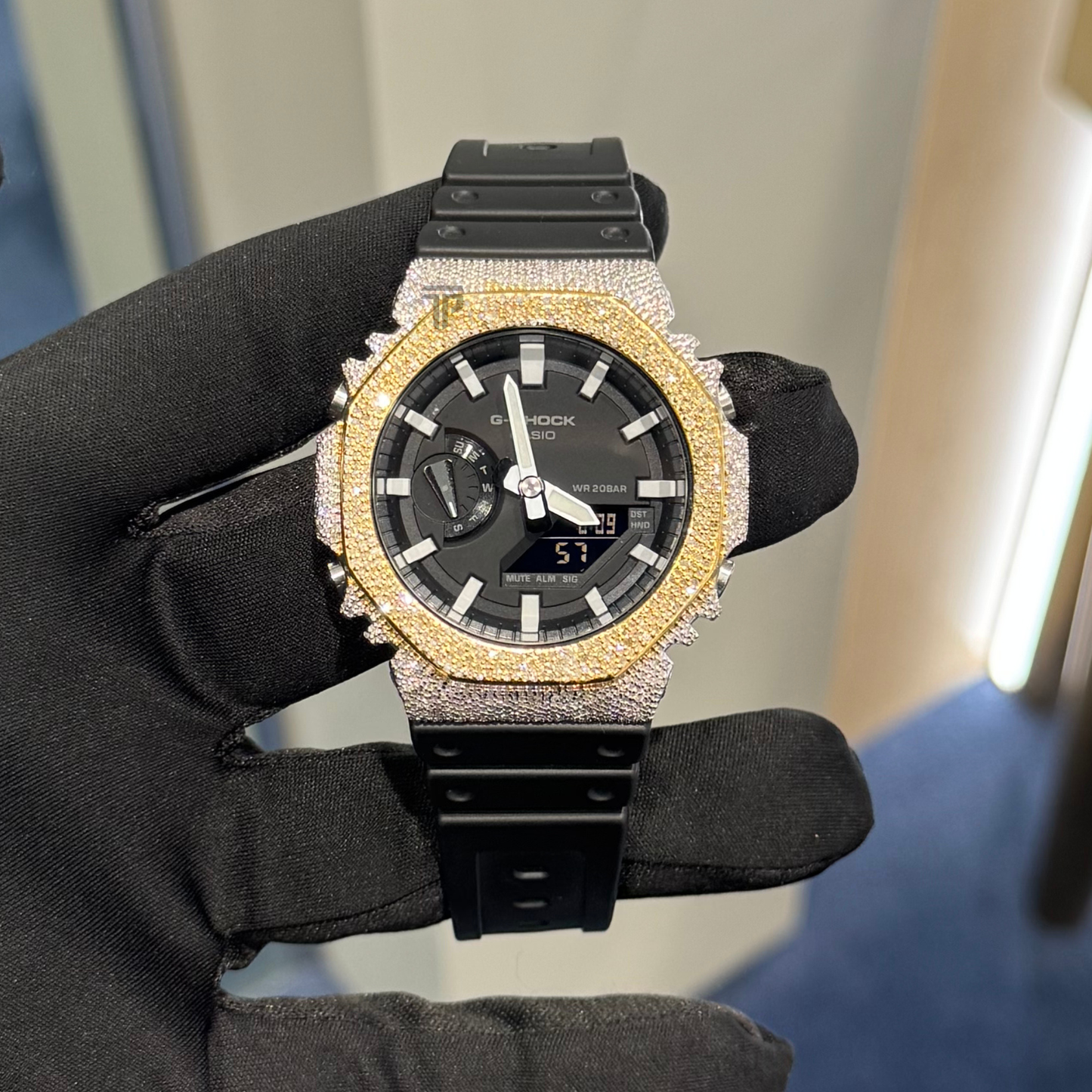 Casio Iced out G Shock Analog Two Tone White/Yellow Gold with Black Dial