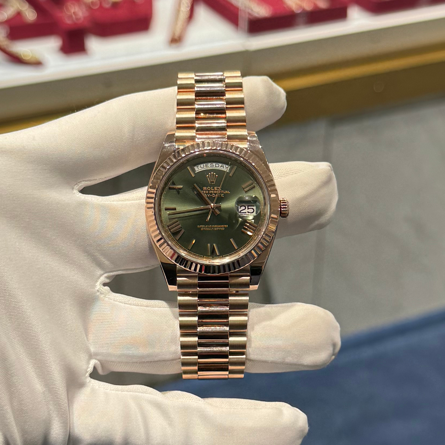 Rolex Day Date 228235 40mm Rose Gold Olive Dial