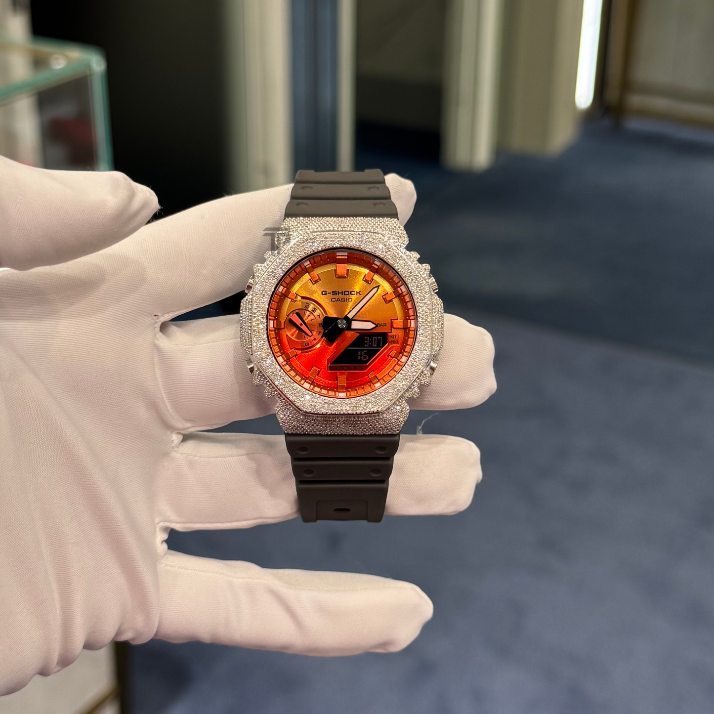 Casio Iced out G Shock Analog White gold with Orange Dial
