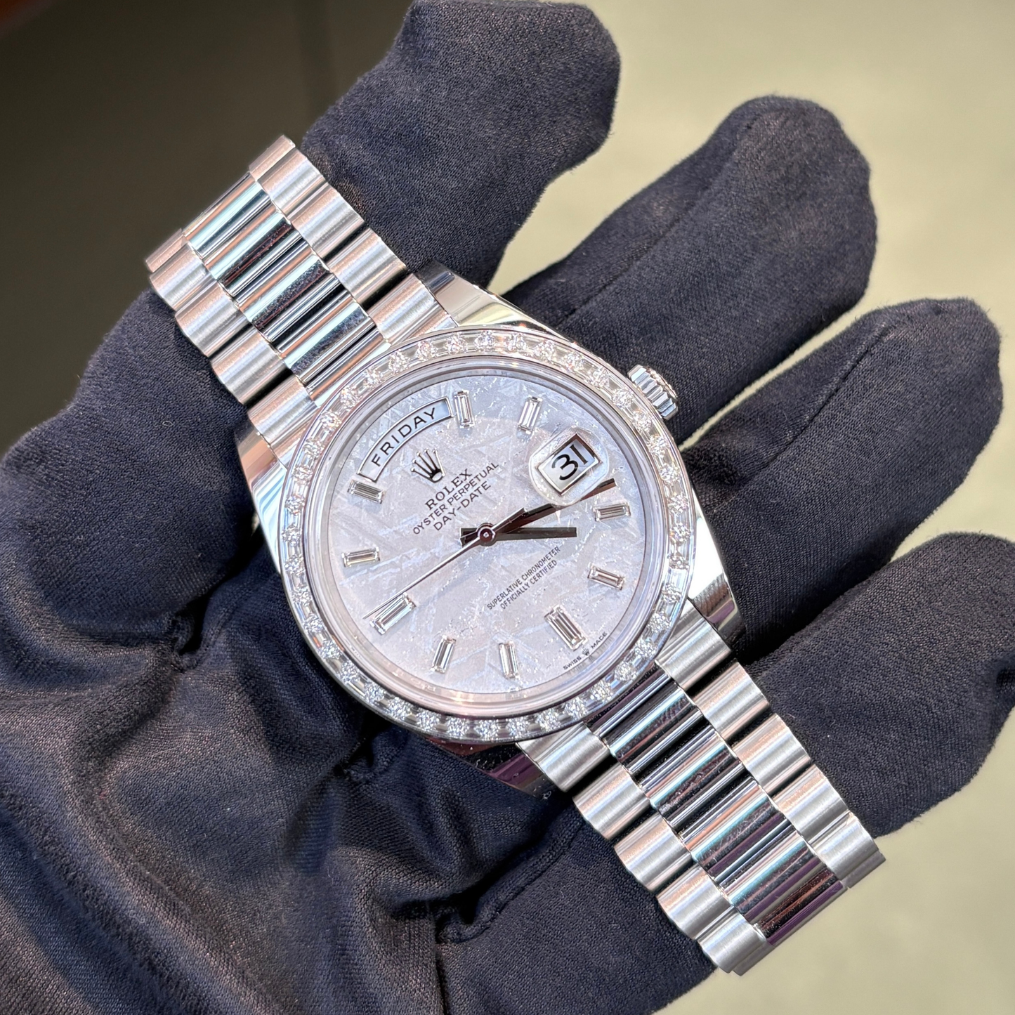 Rolex Day Date Ref. 228396TBR Platinum Meteorite Dial Baguette Bezel and Markers