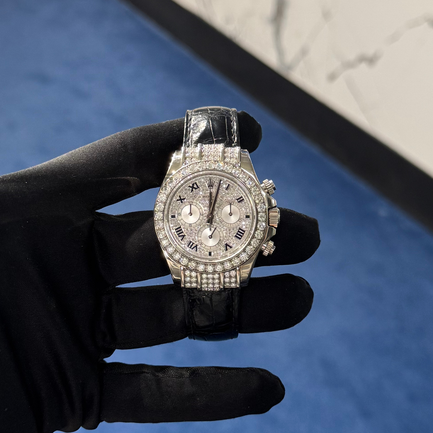 Rolex Daytona Ref. 116599BR White Gold Factory Diamond Set Dial/Bezel/Lugs on Blue Leather Strap with Roman Markers