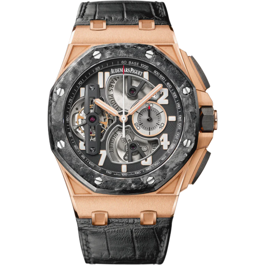 Royal Oak Offshore Tourbillon Chronograph 44MM Black Alligator Strap Black Dial Openworked at 6, 9 and 12 O’Clock 18-Carat Pink Gold Case Forged Carbon Bezel