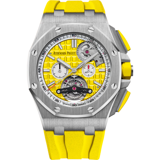 Royal Oak Offshore Tourbillon Chronograph Selfwinding 44MM Yellow Rubber Strap Yellow Dial With Méga Tapisserie Pattern Stainless Steel Case