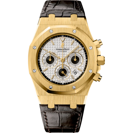 Royal Oak Chronograph 39MM Black Crocodile Strap Silver Dial With Grande Tapisserie Pattern 18-Carat Yellow Gold Case