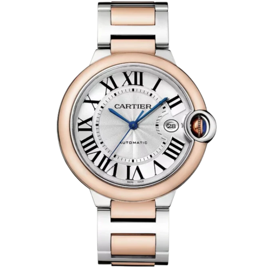 BALLON BLEU DE CARTIER 42 MM STAINLESS STEEL, 18K ROSE GOLD BEZEL WITH SILVER GUILLOCHE DIAL