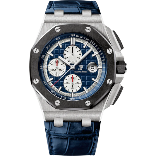 Royal Oak Offshore Chronograph 44MM Blue Alligator Strap Blue Dial With Méga Tapisserie Pattern 950 Platinum Case Black Ceramic Bezel