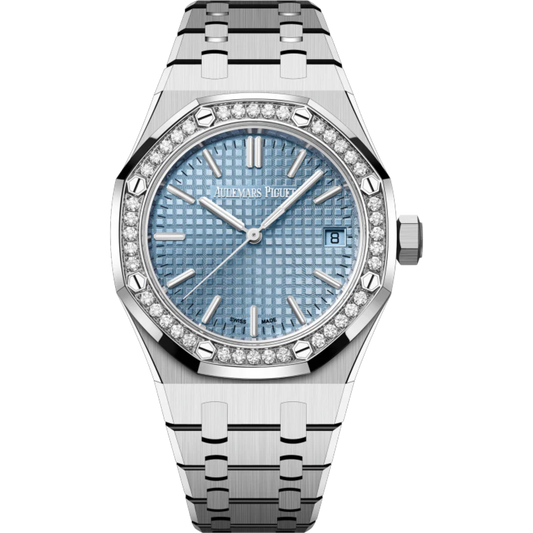 Royal Oak Selfwinding 50th Anniversary 37MM Stainless Steel Bracelet Light Blue Dial With Grande Tapisserie Pattern Stainless Steel Case Bezel Set With Brilliant-Cut Diamonds