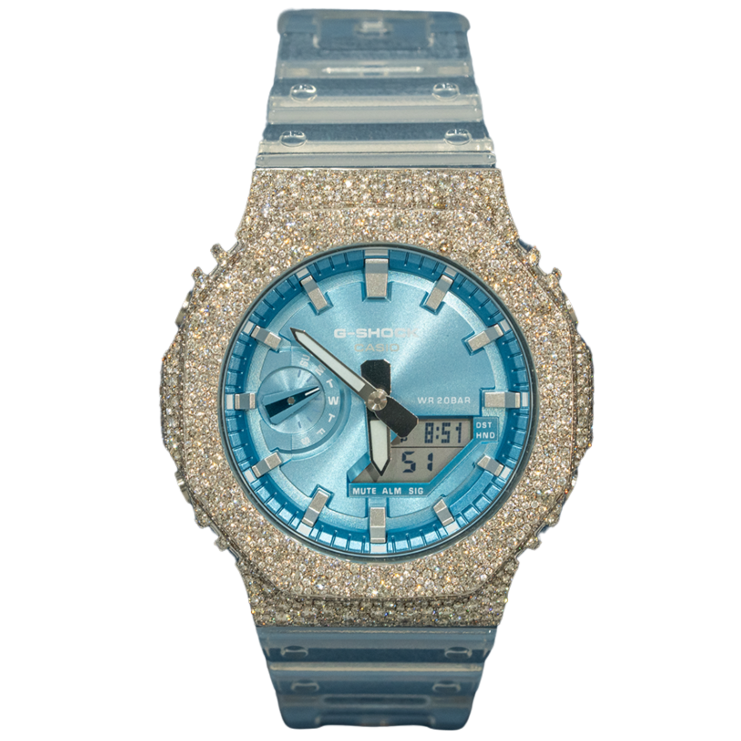 Casio GShock GM2100 White Gold Blue Dial Bussdown Mosaic Setting with clear strap - 7.50 cts
