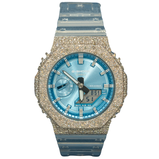 Casio GShock GM2100 White Gold Blue Dial Bussdown Mosaic Setting with clear strap - 7.50 cts