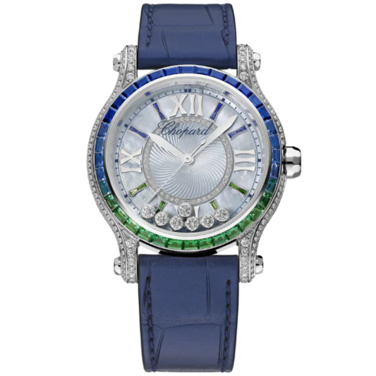 HAPPY SPORT LAGUNA VERDE 36 MM ETHICAL WHITE GOLD - DIAMONDS - EMERALDS - SAPPHIRES WITH MOTHER OF PEARL DIAL