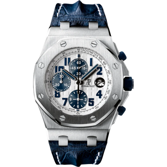 Royal Oak Offshore Chronograph Navy 42MM Blue Leather Strap White Dial With Méga Tapisserie Pattern Stainless Steel Case