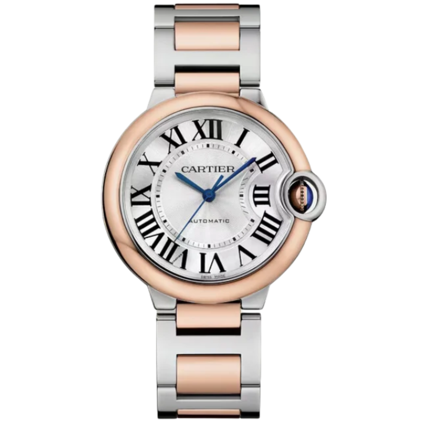 BALLON BLEU DE CARTIER 36 MM STAINLESS STEEL WITH ROSE GOLD BEZEL AND SILVER GUILLOCHE DIAL