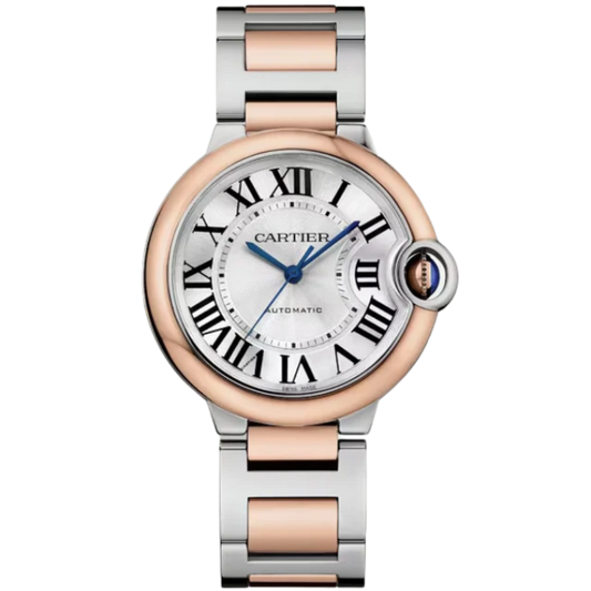 BALLON BLEU DE CARTIER 36 MM STAINLESS STEEL WITH ROSE GOLD BEZEL AND SILVER GUILLOCHE DIAL
