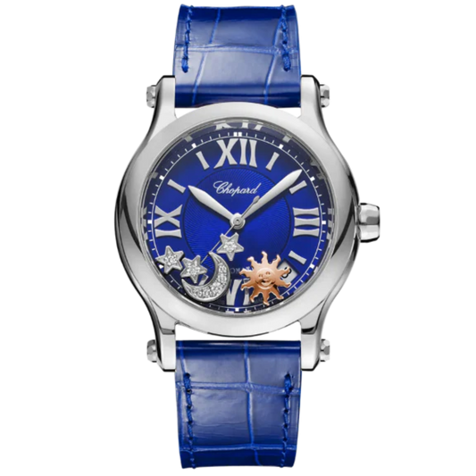 HAPPY SPORT SUN, MOON AND STARS 36 MM LUCENT STEEL™ WITH BLUE DIAL