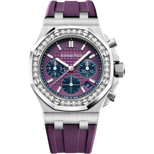 Royal Oak Offshore Selfwinding Chronograph 37MM Purple Rubber Strap Purple Dial With Lady Tapisserie Pattern Stainless Steel Case Diamond-Set Bezel