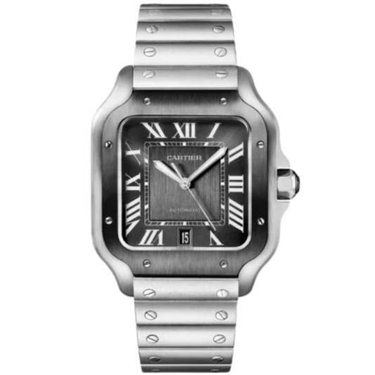 WSSA0037 Large Santos De Cartier Black ADLC Steel with Grey Dial