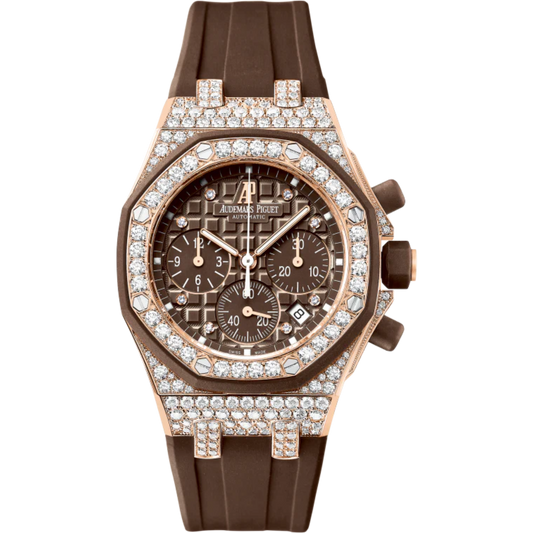 Royal Oak Offshore Chronograph 37MM Brown Rubber Strap Brown Dial With Méga Tapisserie Pattern 18-Carat Pink Gold Case Entirely Set With Diamonds