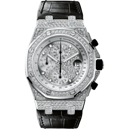 Royal Oak Offshore Chronograph 42MM Black Alligator Strap Diamond-Paved Dial 18-Carat White Gold Case Entirely Set With Diamonds