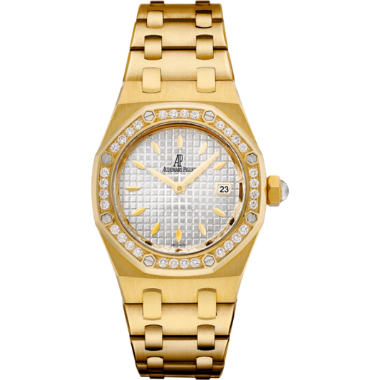 Royal Oak Quartz 33MM 18-Carat Yellow Gold Bracelet Silver Dial With Grande Tapisserie Pattern 18-Carat Yellow Gold Case Bezel Set With Brilliant-Cut Diamonds
