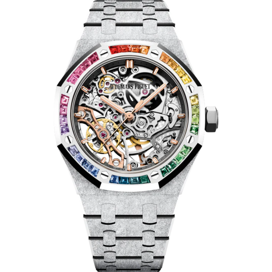Royal Oak Frosted Gold Double Balance Wheel Openworked 37MM Hammered 18-Carat White Gold Bracelet Rhodium-Toned Openworked Dial Hammered 18-Carat White Gold Case Bezel Set With Rainbow-Coloured Baguette-Cut Sapphire