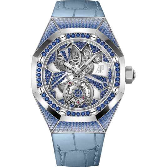 Royal Oak Concept 38.5mm Flying Tourbillon Light Blue Aligator Strap with 18-Carat White Gold Dial Case Entirely Set Sapphires