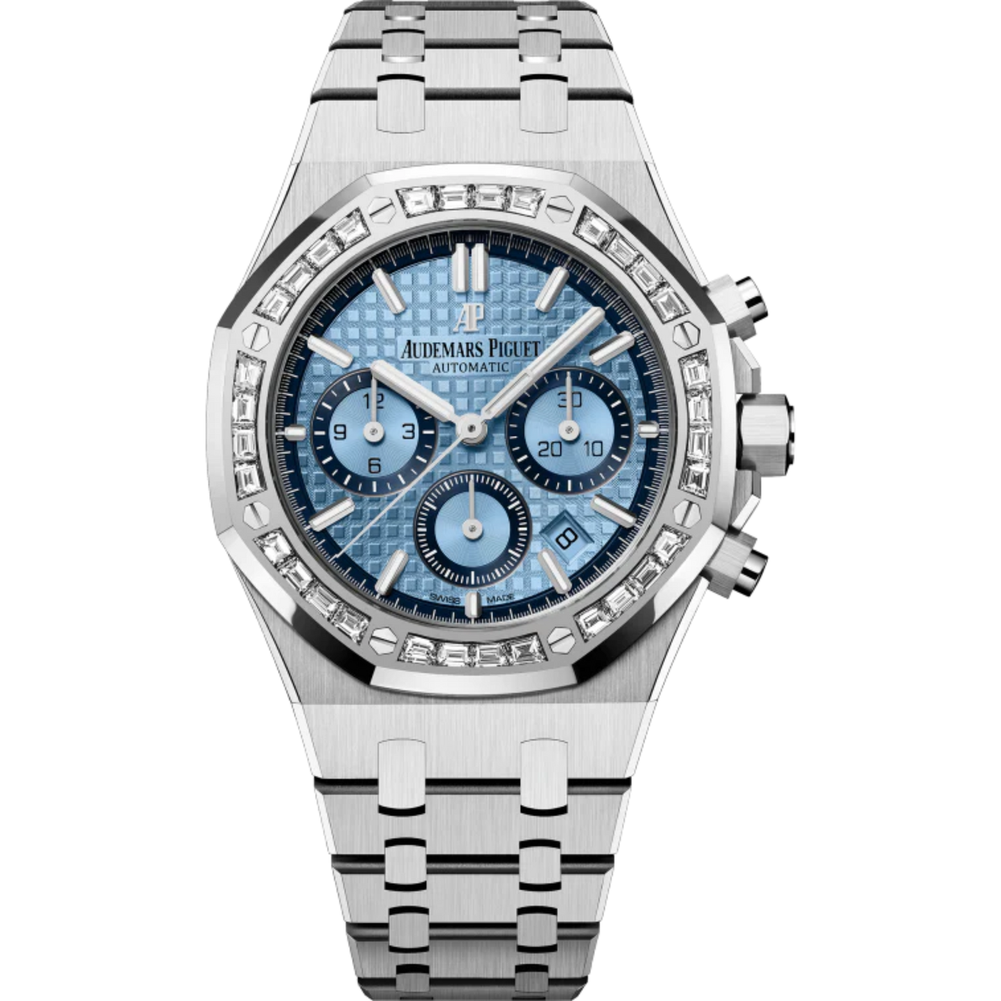 Royal Oak Selfwinding Chronograph 38MM 18-Carat White Gold Bracelet Light Blue Dial With Grande Tapisserie Pattern 18-Carat White Gold Case Baguette-Cut Diamonds Bezel