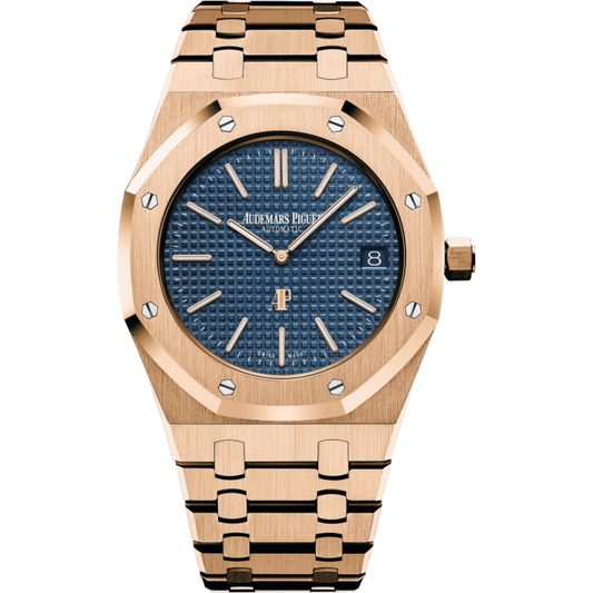 Royal Oak Jumbo Extra-Thin 39MM 18-Carat Pink Gold Bracelet Blue Dial With Petite Tapisserie Pattern 18-Carat Pink Gold Case