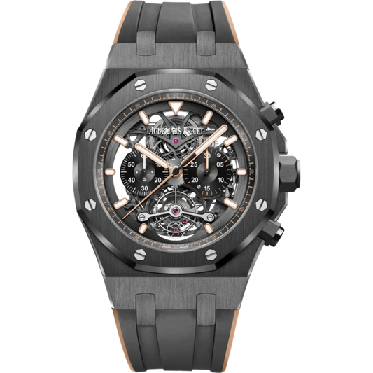 Royal Oak Tourbillon Chronograph Openworked 44MM Two-Tone Black and Pink Gold-Toned Rubber Strap Openworked Satin-Brushed Black Dial Black Ceramic Case