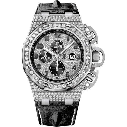 Royal Oak Offshore Chronograph 48MM Black Alligator Strap Diamond-Paved Dial 18-Carat White Gold Case Diamond-Set Bezel