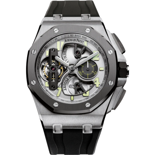 Royal Oak Offshore Tourbillon Chronograph 44MM Black Rubber Strap Silver-Toned Dial Openworked at 6, 9 and 12 O’Clock Titanium Case