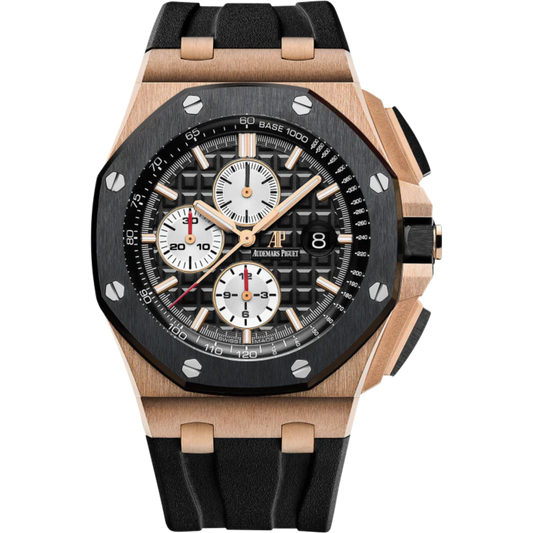 Royal Oak Offshore Chronograph 44MM Black Rubber Strap Black Dial With Méga Tapisserie Pattern 18-Carat Pink Gold Case Black Ceramic Bezel