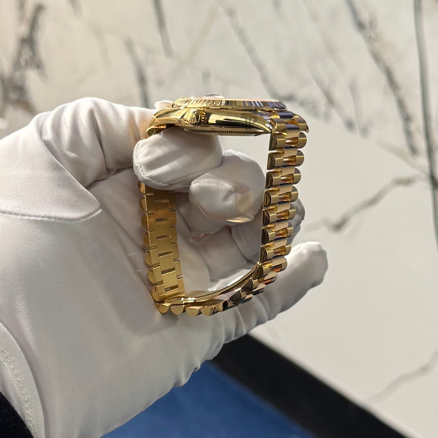 Rolex Day-Date Ref. 228238 40mm Yellow Gold with Silver Stick Dial Fluted Bezel