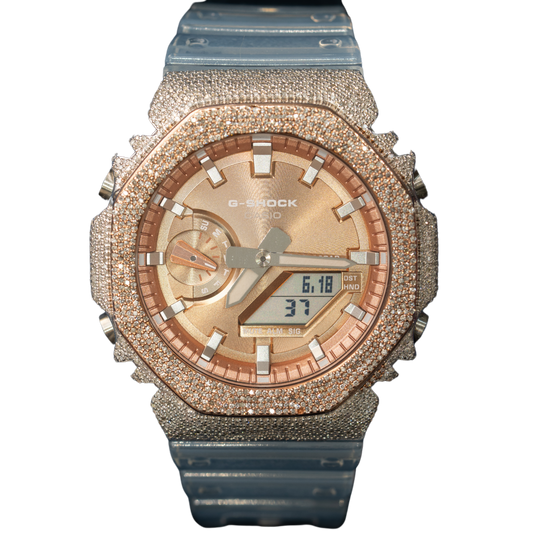 Casio Iced out G Shock Analog White gold with Rose Bezel/ Dial