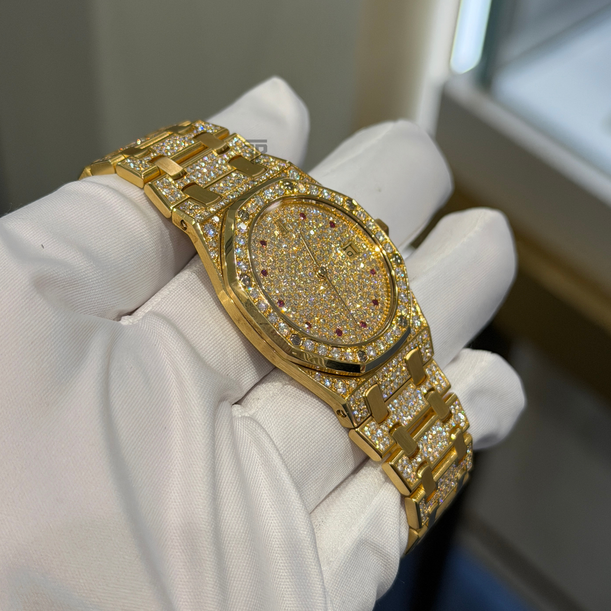 Audemars Piguet Ref. 56530BA 33MM Yellow Gold Royal Oak Full Pave Factory Set Ruby Markers (Watch + Service Papers)