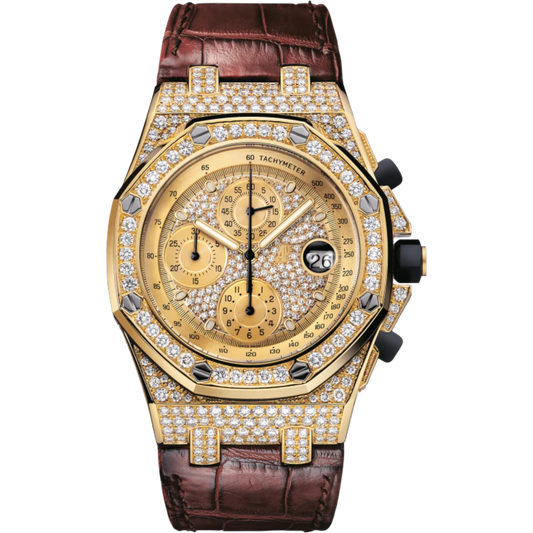 Royal Oak Offshore Chronograph 42MM Brown Alligator Strap 18-Carat Yellow Gold Dial 18-Carat Yellow Gold Case Entirely Set With Diamonds