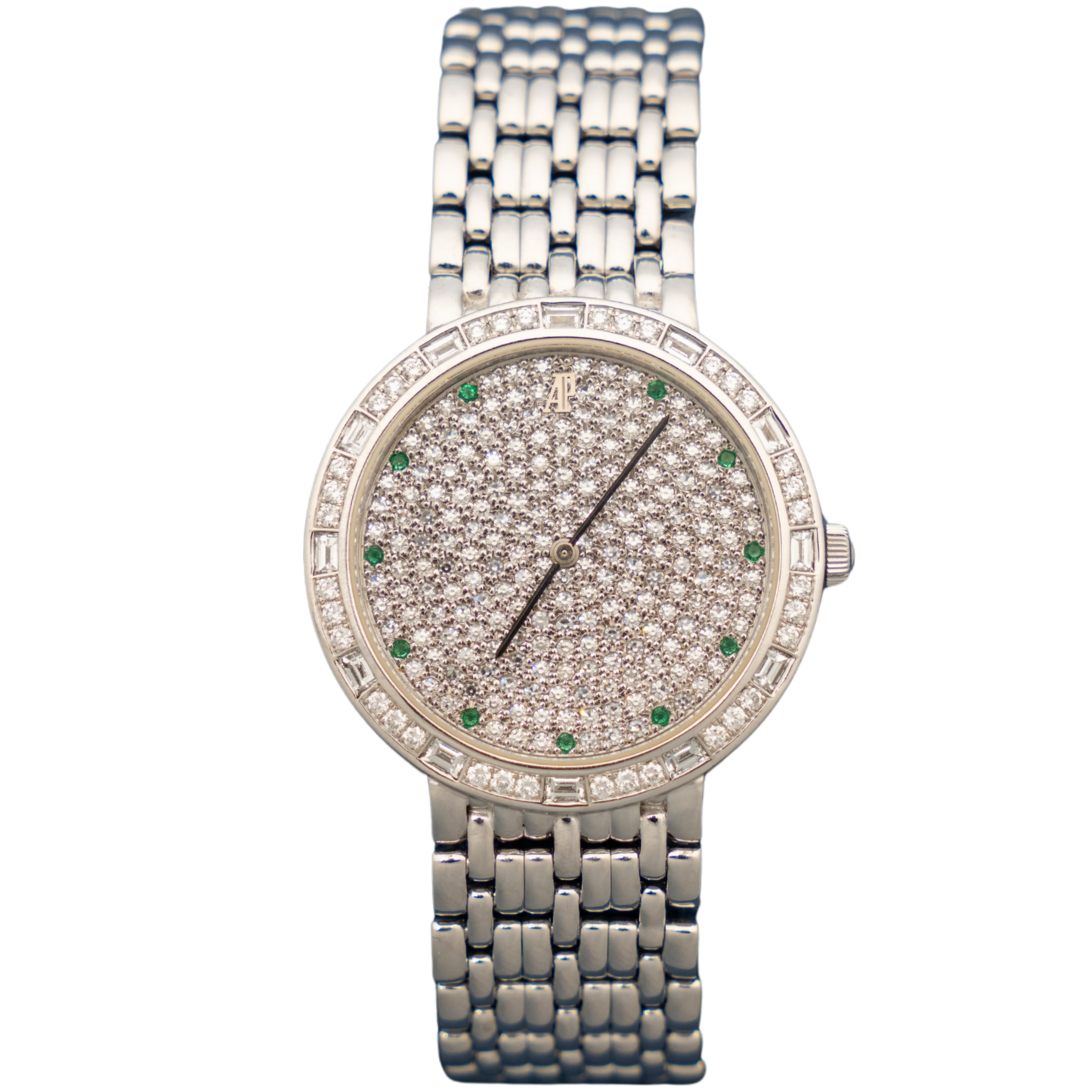 Audemars Piguet Ref. 15123BC White Gold “Jules Audemars ” on Full White Gold Bracelet with Factory Diamond Dial & Emerald Markers & Emerald Cut Bezel