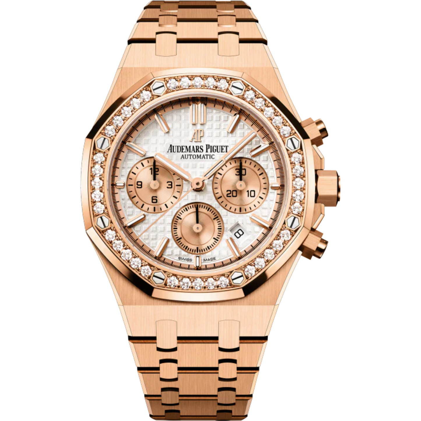Royal Oak Selfwinding Chronograph 38MM 18-Carat Pink Gold Bracelet Silver-Toned Dial With Grande Tapisserie Pattern 18-Carat Pink Gold Case With Brilliant-Cut Diamonds